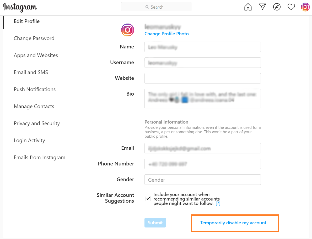 disable instagram account